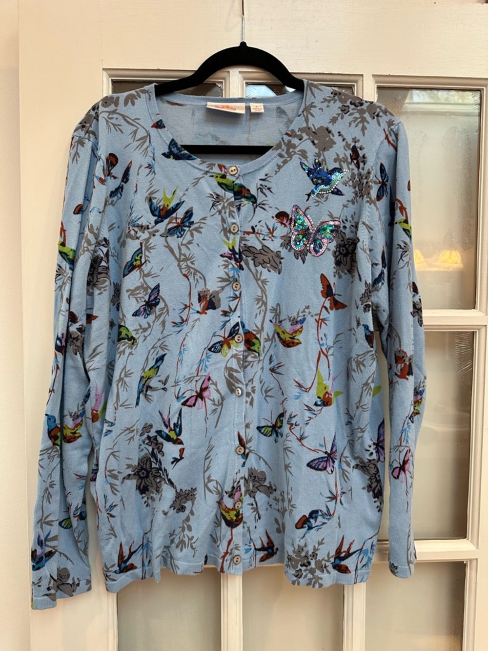 Quacker Factory Light Blue Floral Bird & Butterfly Cardigan Sweater Size Large L
